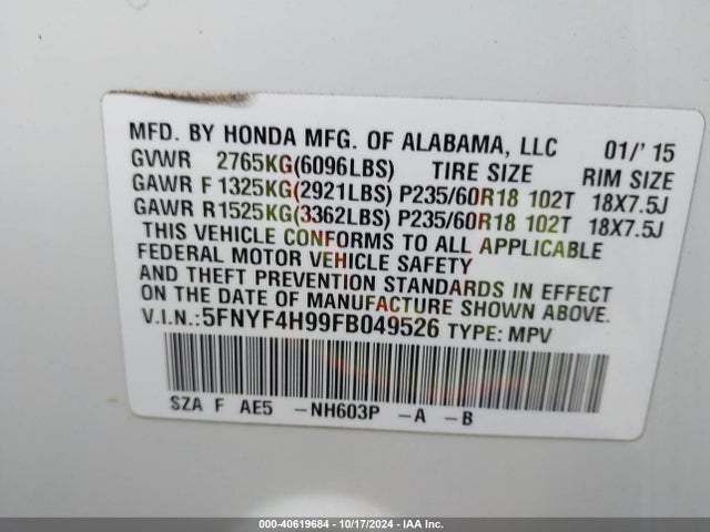 Honda Pilot Touring 2015 5FNYF4H99FB049526 Image 9