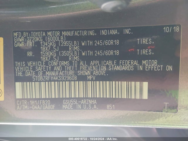5TDBZRFH4KS929608 Toyota Highlander Le