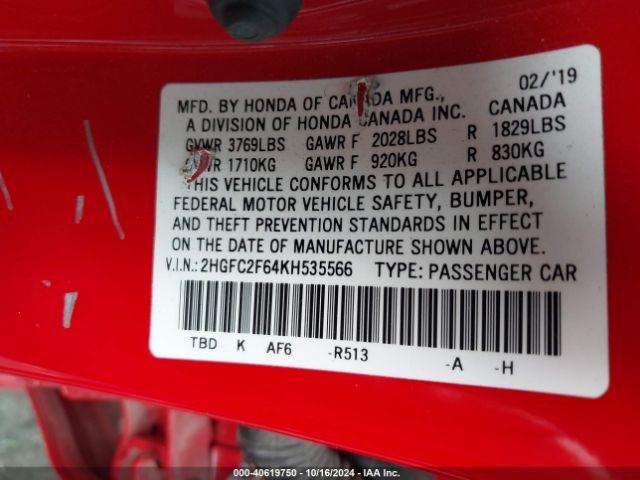 2HGFC2F64KH535566 Honda Civic Lx