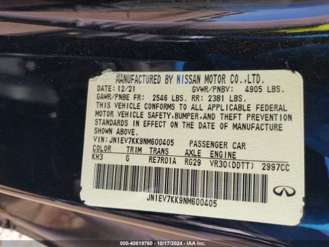 JN1EV7KK9NM600405 Infiniti Q60 Luxe