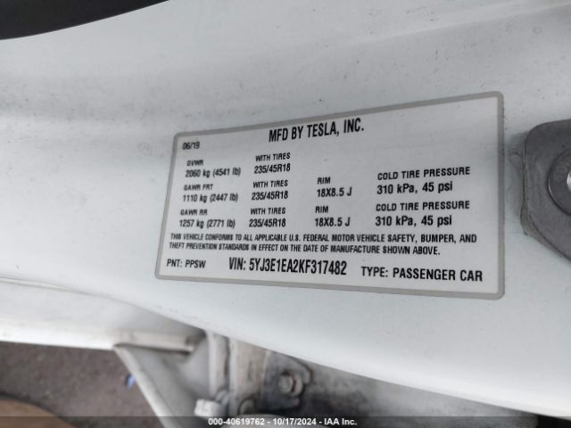 5YJ3E1EA2KF317482 Tesla Model 3 Long Range/mid Range/standard Range/standard Range Plus