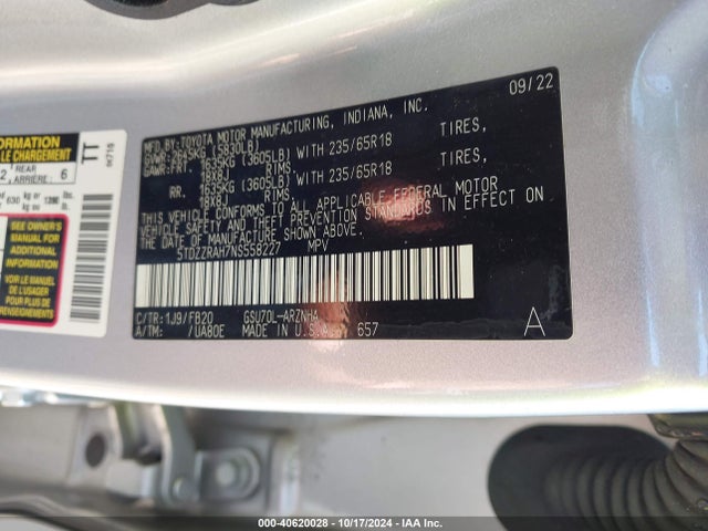 5TDZZRAH7NS558227 Toyota Highlander Le