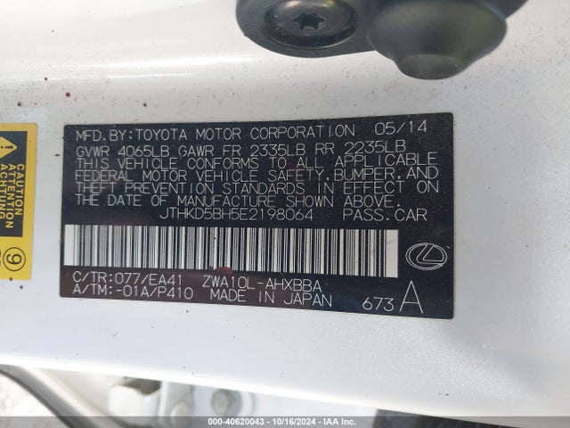 Lexus CT 200H 2014 JTHKD5BH5E2198064 Image 9
