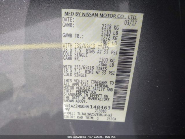5N1AZ2MG0HN148463 Nissan MURANO SV