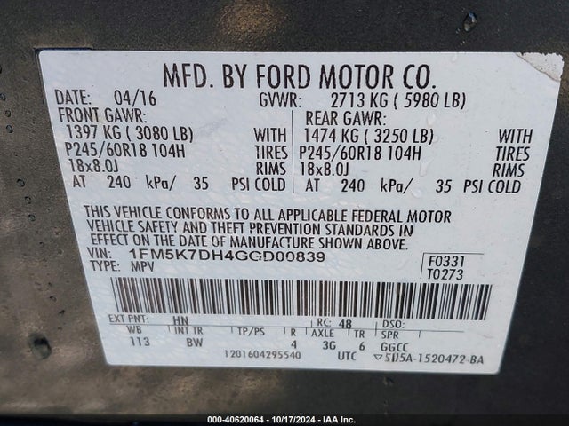 Ford EXPLORER XLT 2016 1FM5K7DH4GGD00839 Image 9