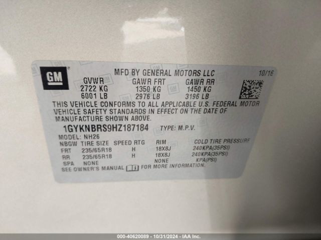 1GYKNBRS9HZ187184 Cadillac XT5 LUXURY