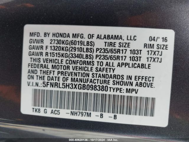 5FNRL5H3XGB098380 Honda ODYSSEY SE