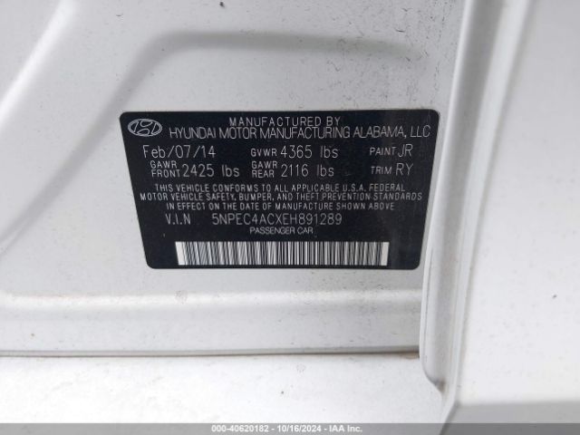 5NPEC4ACXEH891289 Hyundai SONATA SE