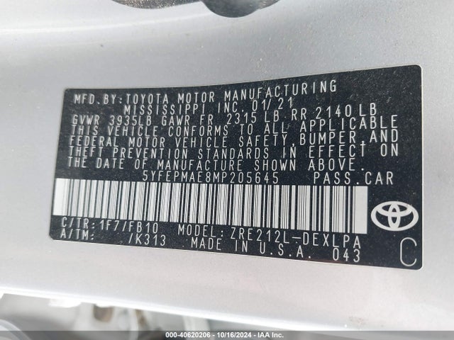 Toyota COROLLA LE 2021 5YFEPMAE8MP205645 Image 9