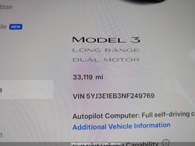5YJ3E1EB3NF249769 Tesla Model 3 Long Range Dual Motor All-wheel Drive
