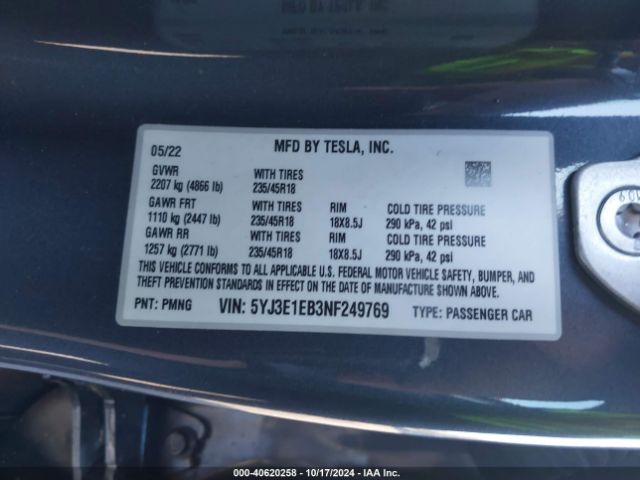 5YJ3E1EB3NF249769 Tesla Model 3 Long Range Dual Motor All-wheel Drive