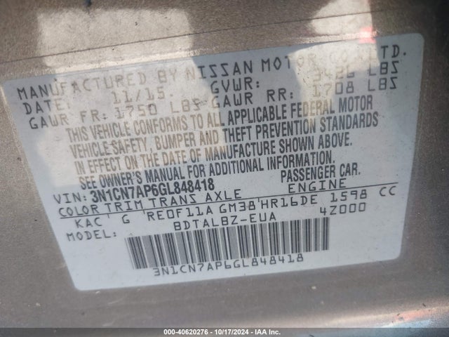 Nissan Versa 1.6 Sv 2016 3N1CN7AP6GL848418 Image 9