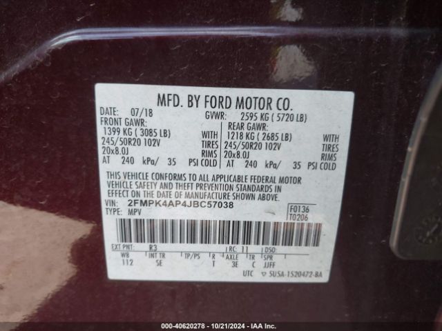 2FMPK4AP4JBC57038 Ford EDGE SPORT