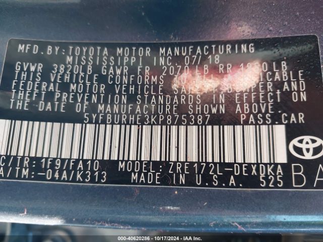 5YFBURHE3KP875387 Toyota COROLLA L