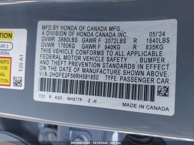 Honda Civic Sport 2024 2HGFE2F56RH581850 Image 9