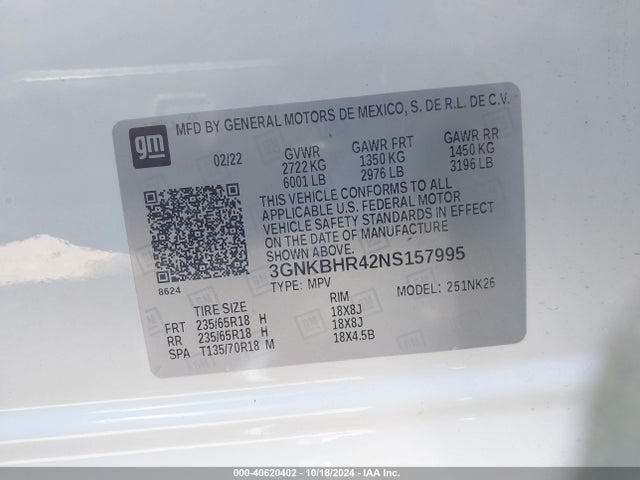 3GNKBHR42NS157995 Chevrolet Blazer Awd 2lt