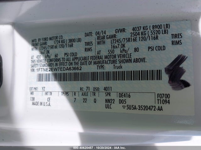 Ford E-250 Commercial 2014 1FTNE2EW7EDA63662 Image 9
