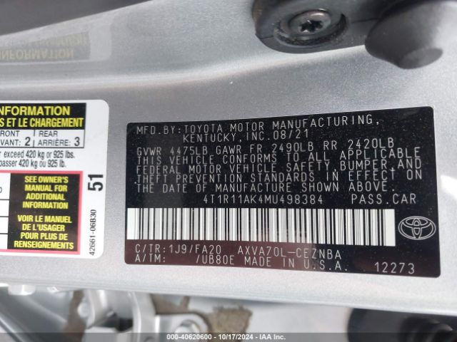 4T1R11AK4MU498384 Toyota CAMRY LE