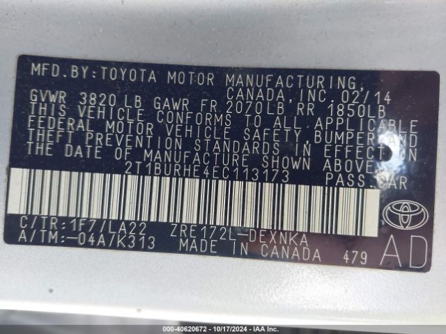 2T1BURHE4EC113173 Toyota Corolla L/le/le Pls/prm/s/s Pls