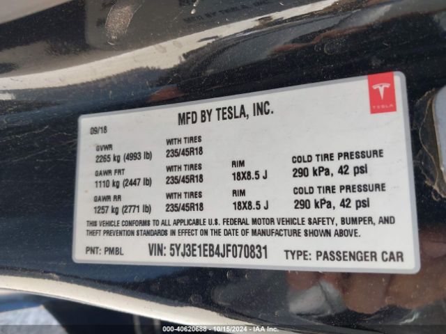 5YJ3E1EB4JF070831 Tesla Model 3 Long Range/performance