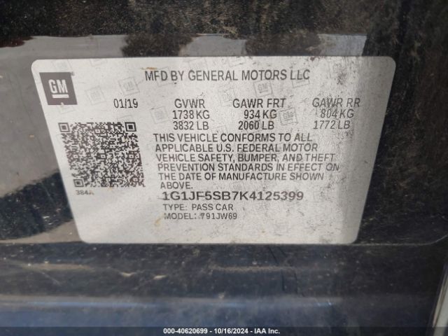 1G1JF5SB7K4125399 Chevrolet Sonic Premier Auto