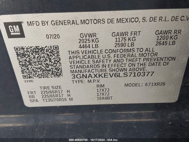 3GNAXKEV6LS710377 Chevrolet Equinox Fwd Lt 1.5l Turbo