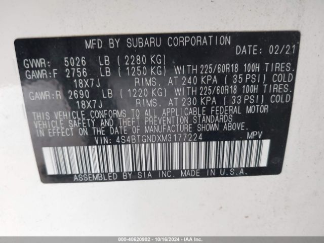 4S4BTGNDXM3177224 Subaru Outback Limited Xt