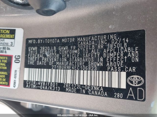 2T1BURHE4EC106823 Toyota Corolla L/le/le Pls/prm/s/s Pls