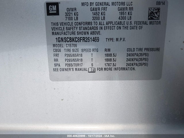 Chevrolet Tahoe Lt 2015 1GNSCBKC8FR261469 Image 9