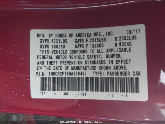 1HGCR2F18HA299467 Honda Accord Sport Se