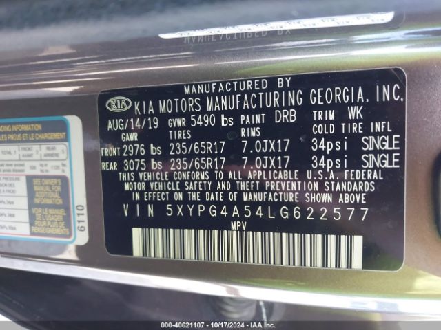 5XYPG4A54LG622577 KIA Sorento 3.3l Lx