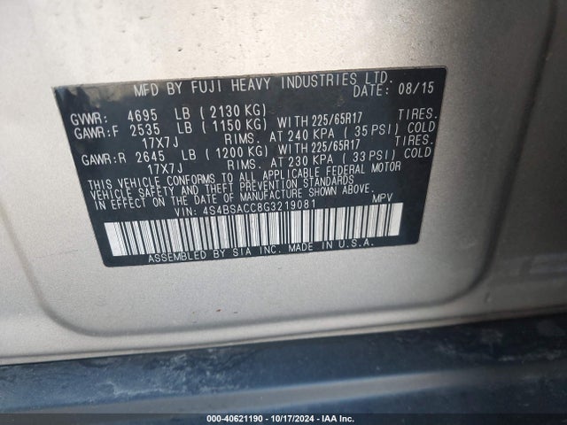 Subaru Outback 2.5i Premium 2016 4S4BSACC8G3219081 Image 9
