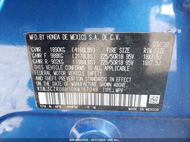 3CZRU6H10NM767048 Honda Hr-v Awd Sport