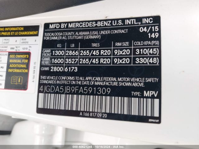4JGDA5JB9FA591309 Mercedes-Benz ML 350
