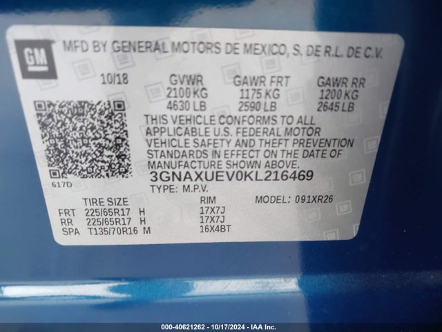 Chevrolet EQUINOX LT 2019 3GNAXUEV0KL216469 Image 9