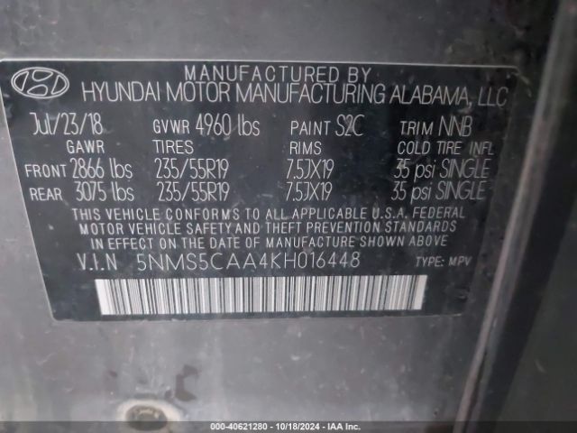 5NMS5CAA4KH016448 Hyundai Santa Fe Limited 2.0t