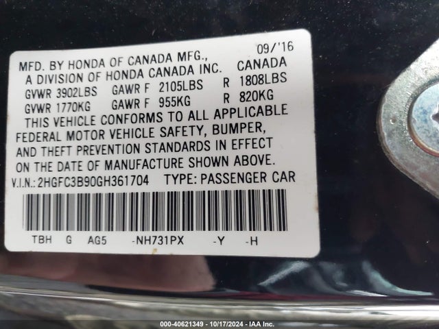 Honda Civic Touring 2016 2HGFC3B90GH361704 Image 9
