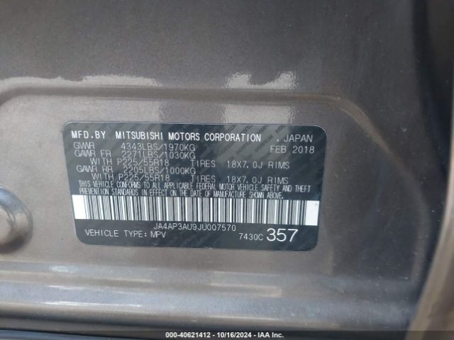 JA4AP3AU9JU007570 Mitsubishi Outlander Sport 2.0 Es