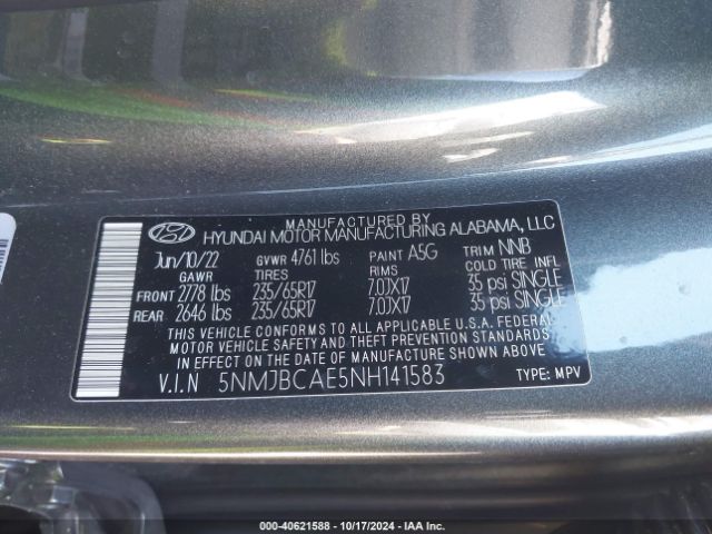 5NMJBCAE5NH141583 Hyundai TUCSON SEL