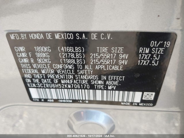 Honda HR-V EX 2019 3CZRU6H52KM706170 Image 9
