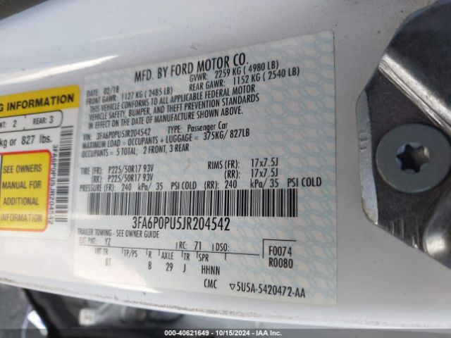 3FA6P0PU5JR204542 Ford Fusion Energi Se Luxury
