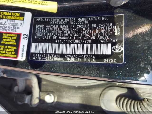 4T1B11HK1JU077838 Toyota CAMRY SE