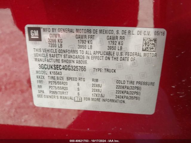 3GCUKSEC4GG325766 Chevrolet Silverado 1500 1lz