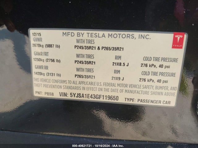 2016 TESLA MODEL S 5YJSA1E43GF119650 Photo 8
