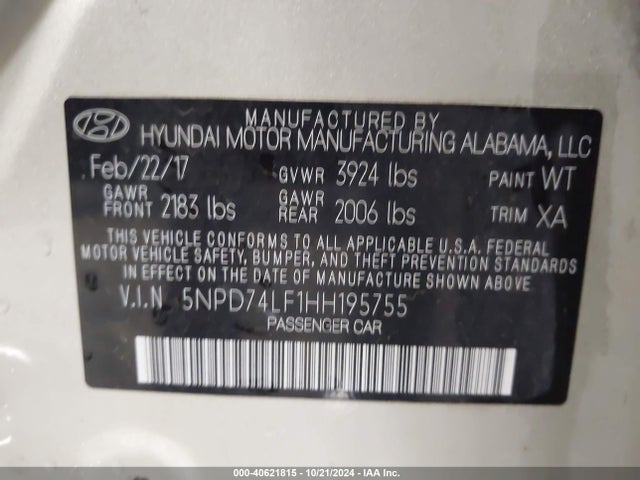 5NPD74LF1HH195755 Hyundai ELANTRA SE