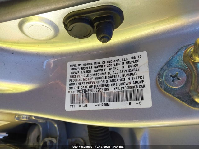 Продажа на аукционе авто 2013 Honda Civic Hybrid, vin: 19XFB4F20DE202189, номер лота: 40621866