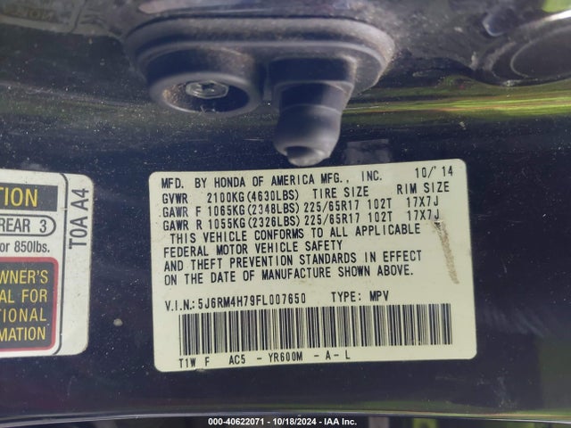 Honda Cr-v Ex-l 2015 5J6RM4H79FL007650 Image 9