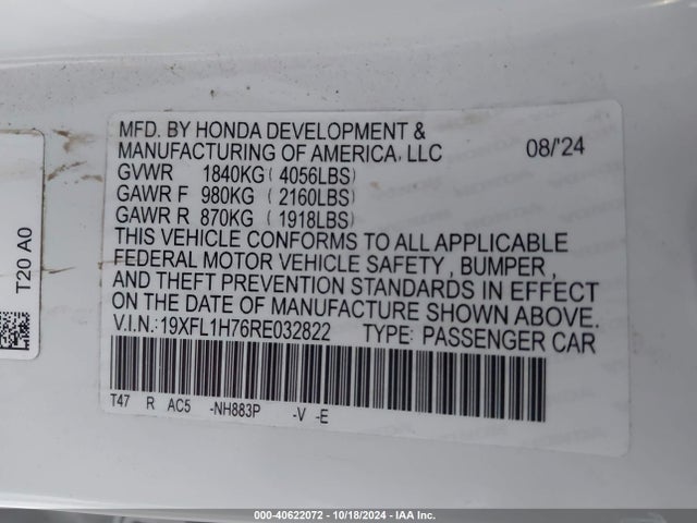 19XFL1H76RE032822 Honda Civic Ex-l