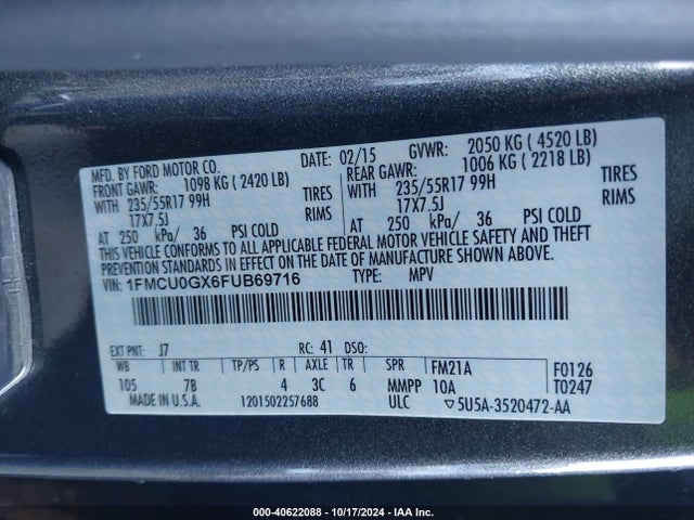 Ford ESCAPE SE 2015 1FMCU0GX6FUB69716 Image 9