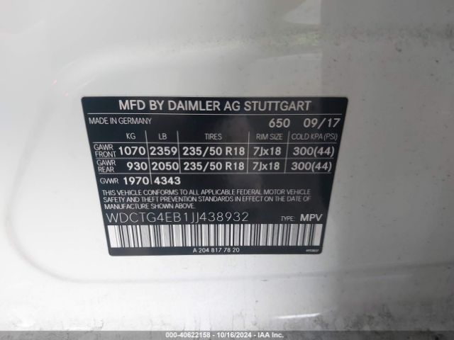 WDCTG4EB1JJ438932 Mercedes-Benz GLA 250